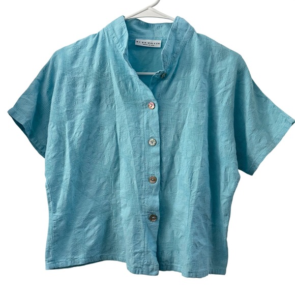 bryn Walker Tops - Bryn Walker Womens Blue Cotton Floral Jacquard Boxy Button Up Blouse Size M